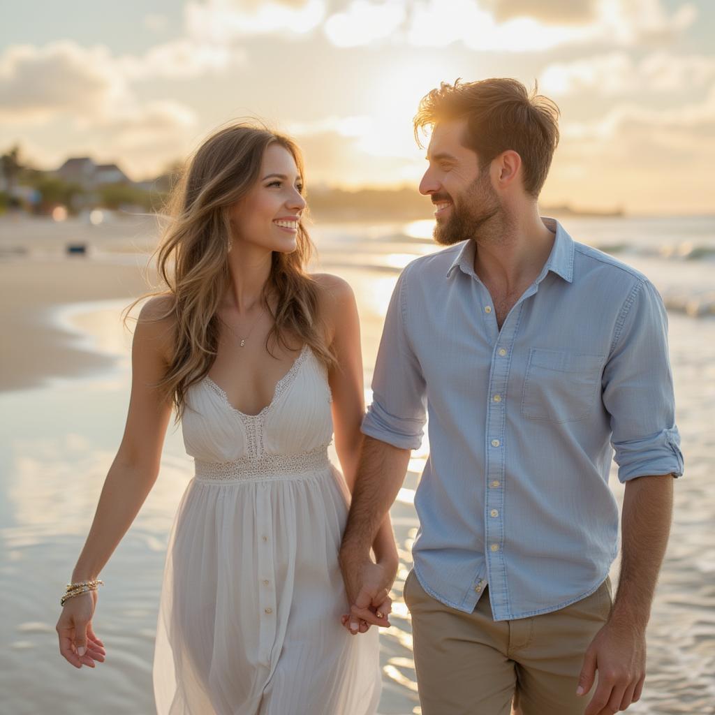 Couple holding hands and walking on the beach