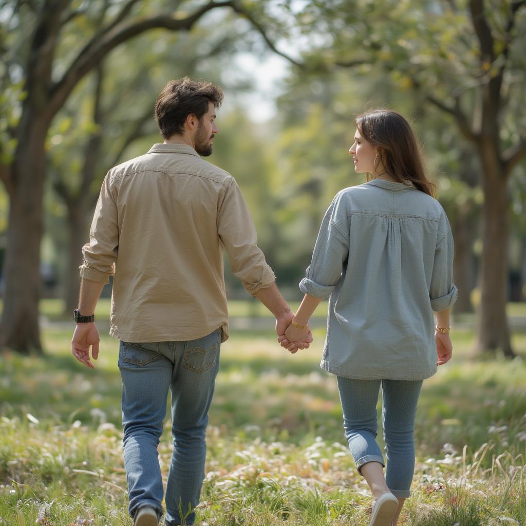 Couple holding hands and walking in a park