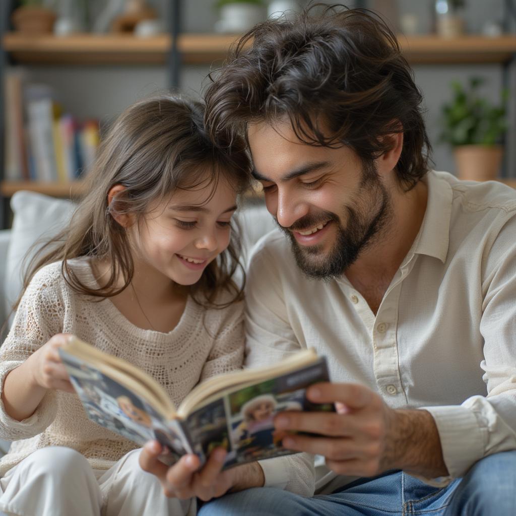 Siblings laughing together looking at old photos