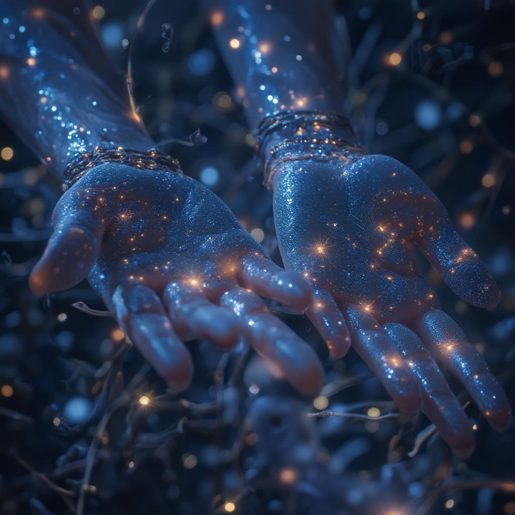 Image of two hands reaching for each other amidst a starry night sky