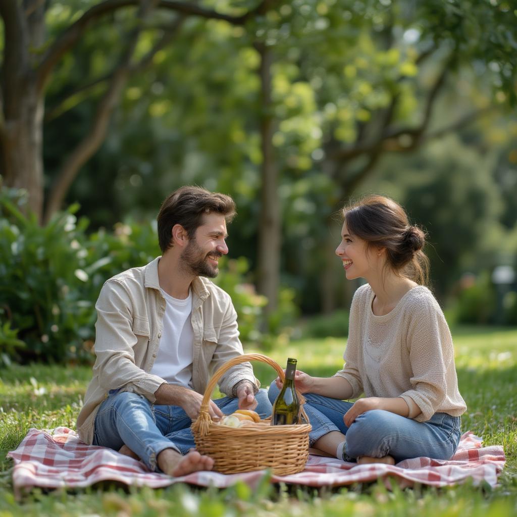 Couple enjoying a romantic picnic in the park.