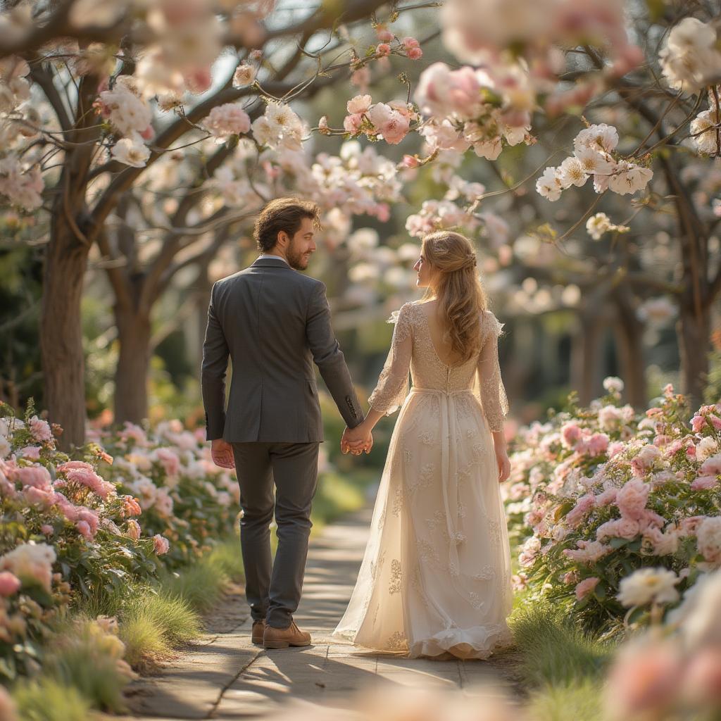 Couple holding hands walking in a park during spring