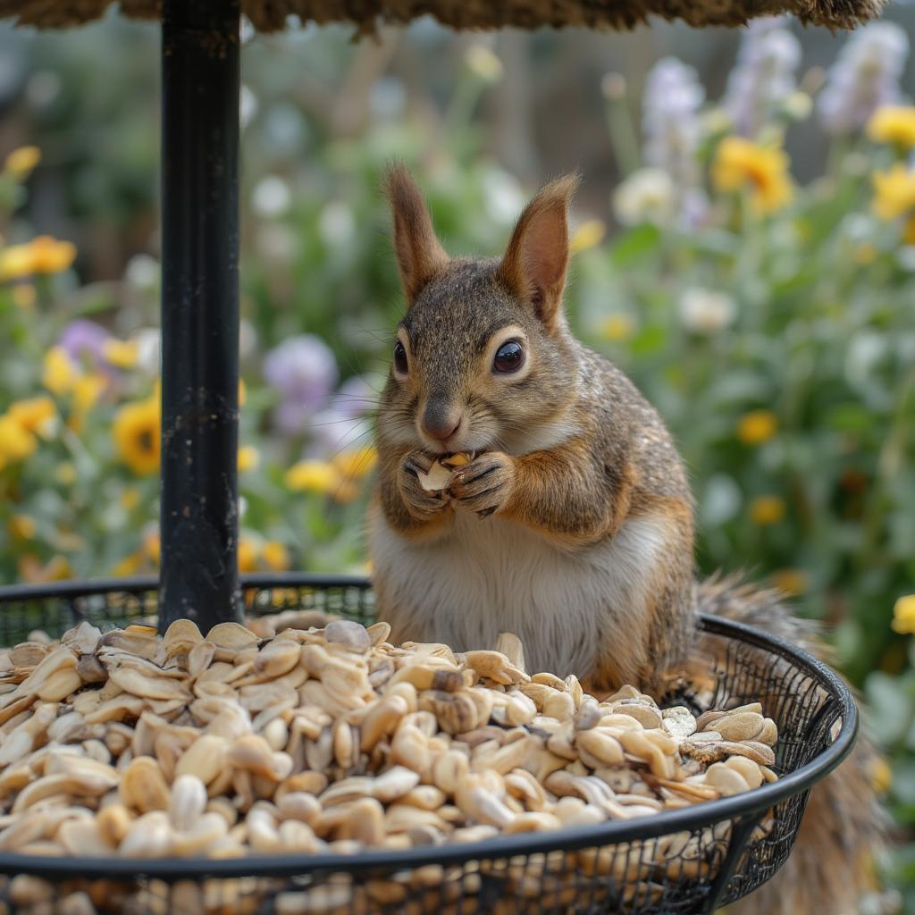 Squirrel Eating Sunflower Seeds from a Bird Feeder