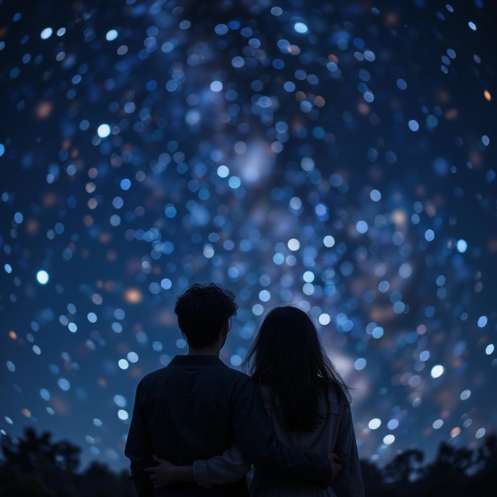 Couple gazing at starry night sky, embracing, star quotes love