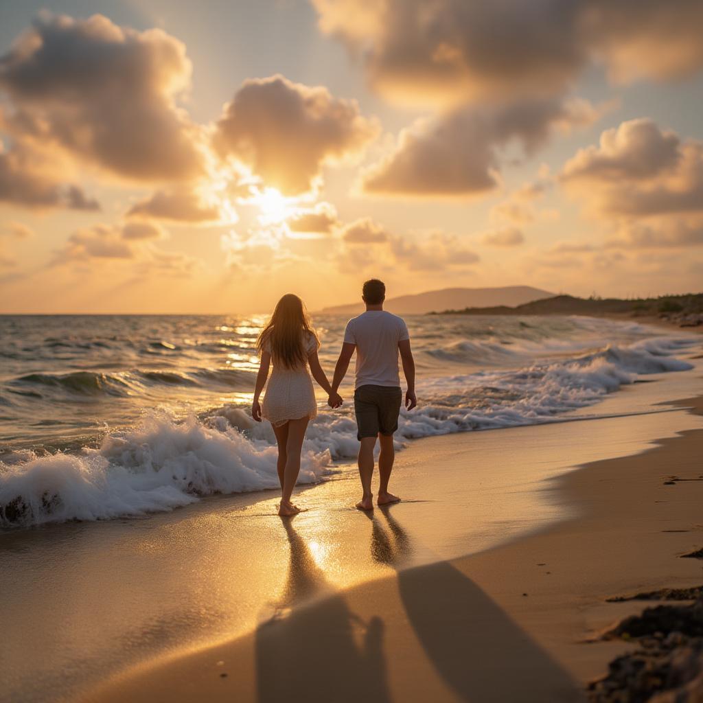 A couple walking hand-in-hand along a sandy beach as the sun sets, illustrating the peaceful romance evoked by sunset love quotes.