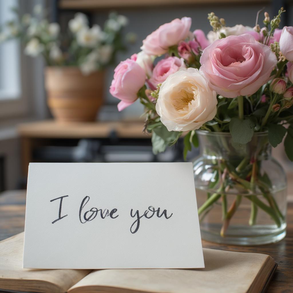 Handwritten love note on a desk with flowers