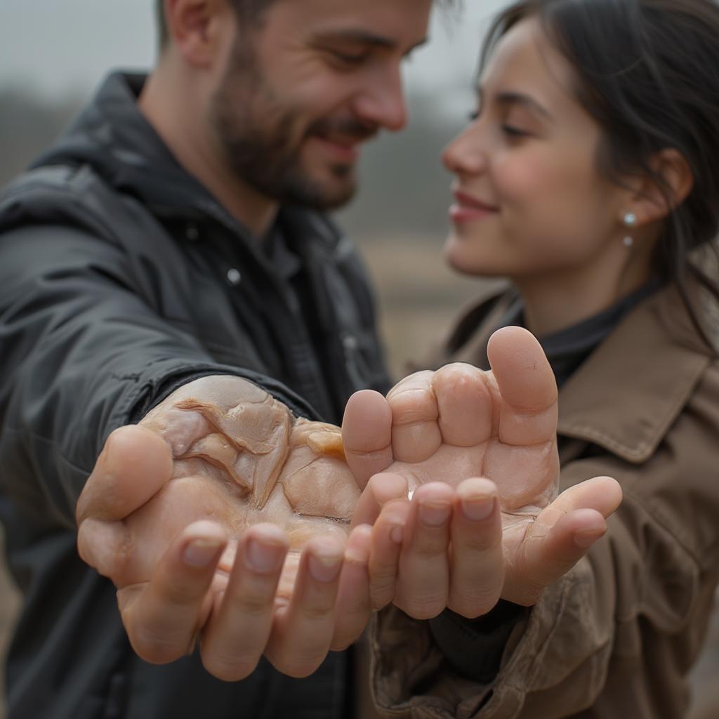 A couple holding hands, gazing into each other's eyes with affection.