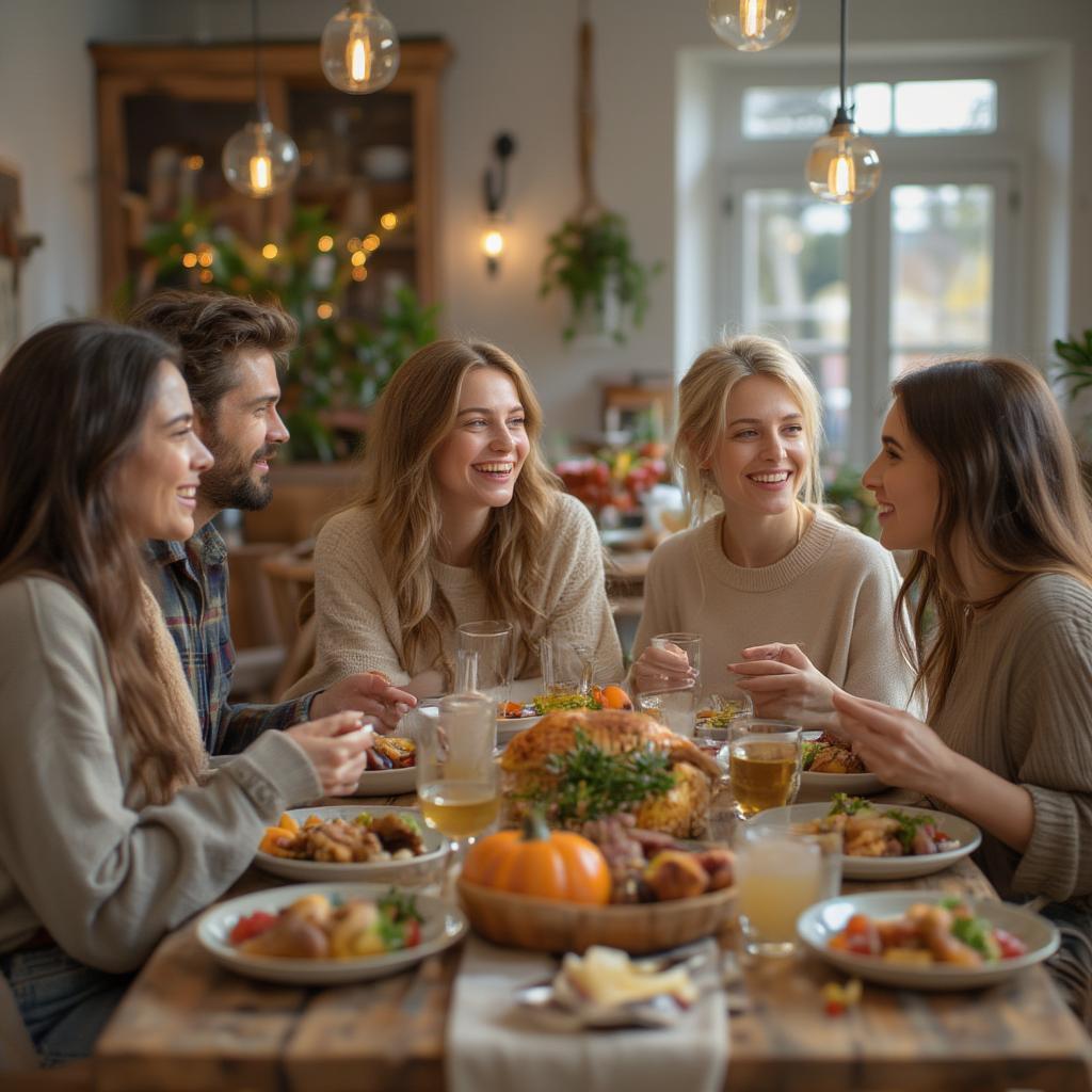 Friends celebrating Thanksgiving together, enjoying each other's company.