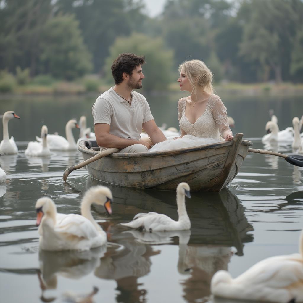 Noah and Allie in a boat surrounded by swans