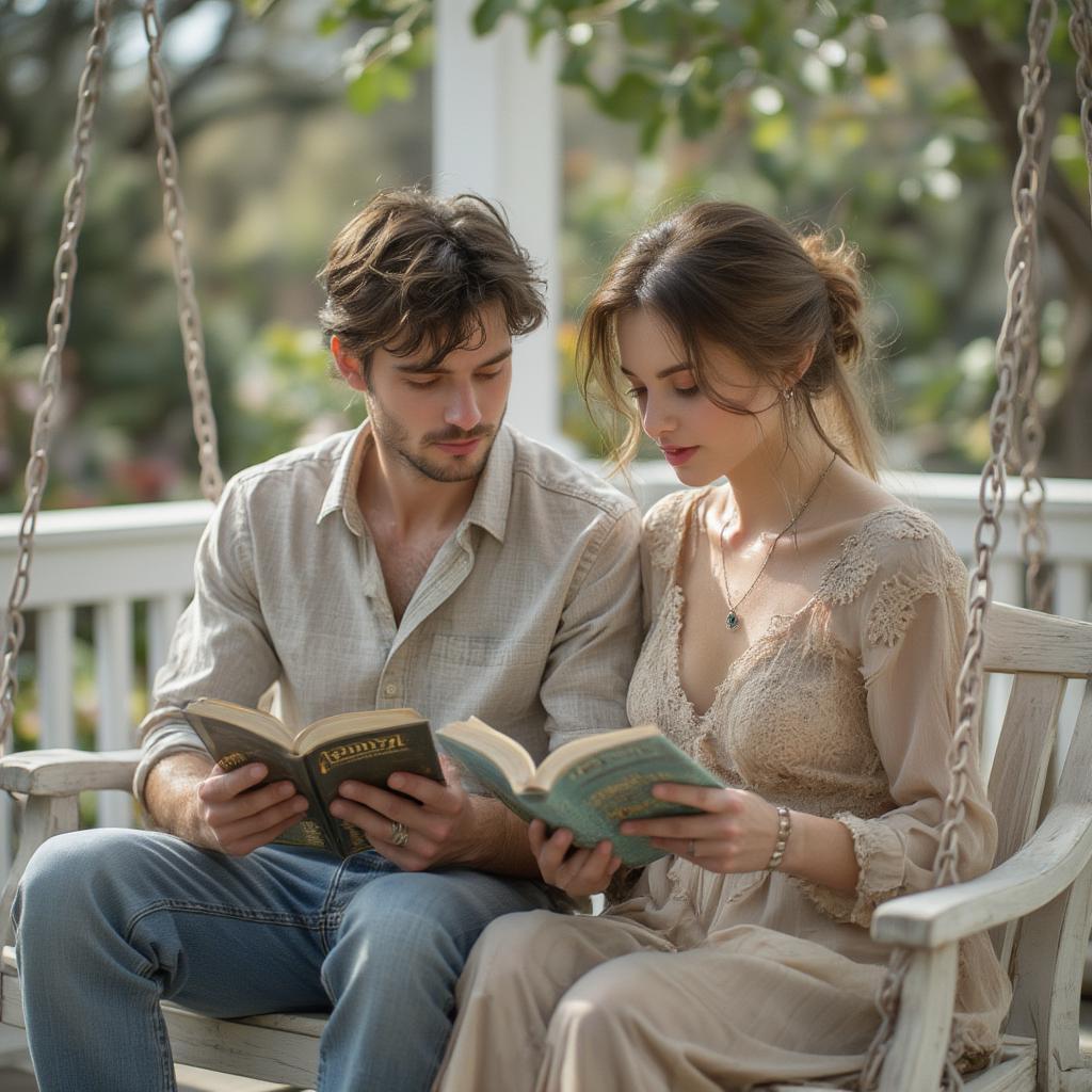 Noah and Allie reading together on a porch swing.