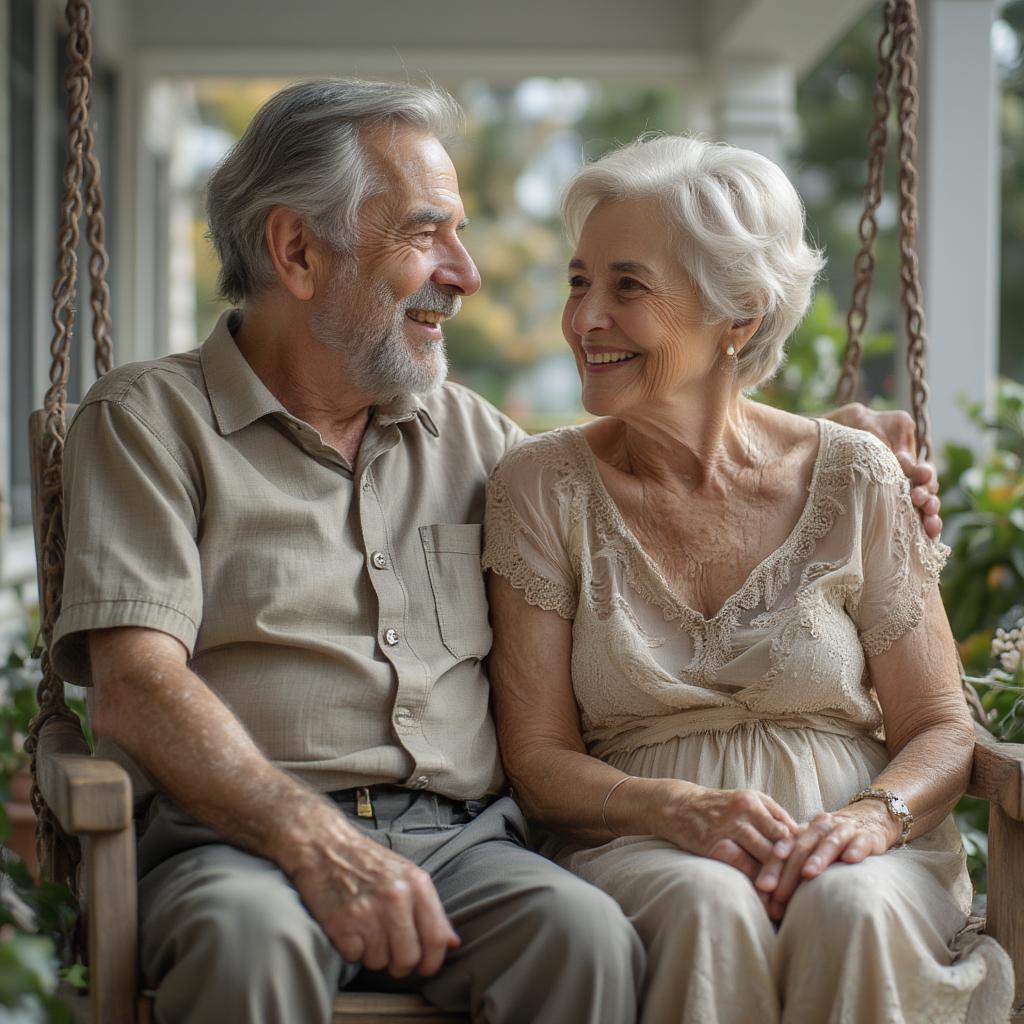 An older couple sitting on a porch swing, smiling at each other