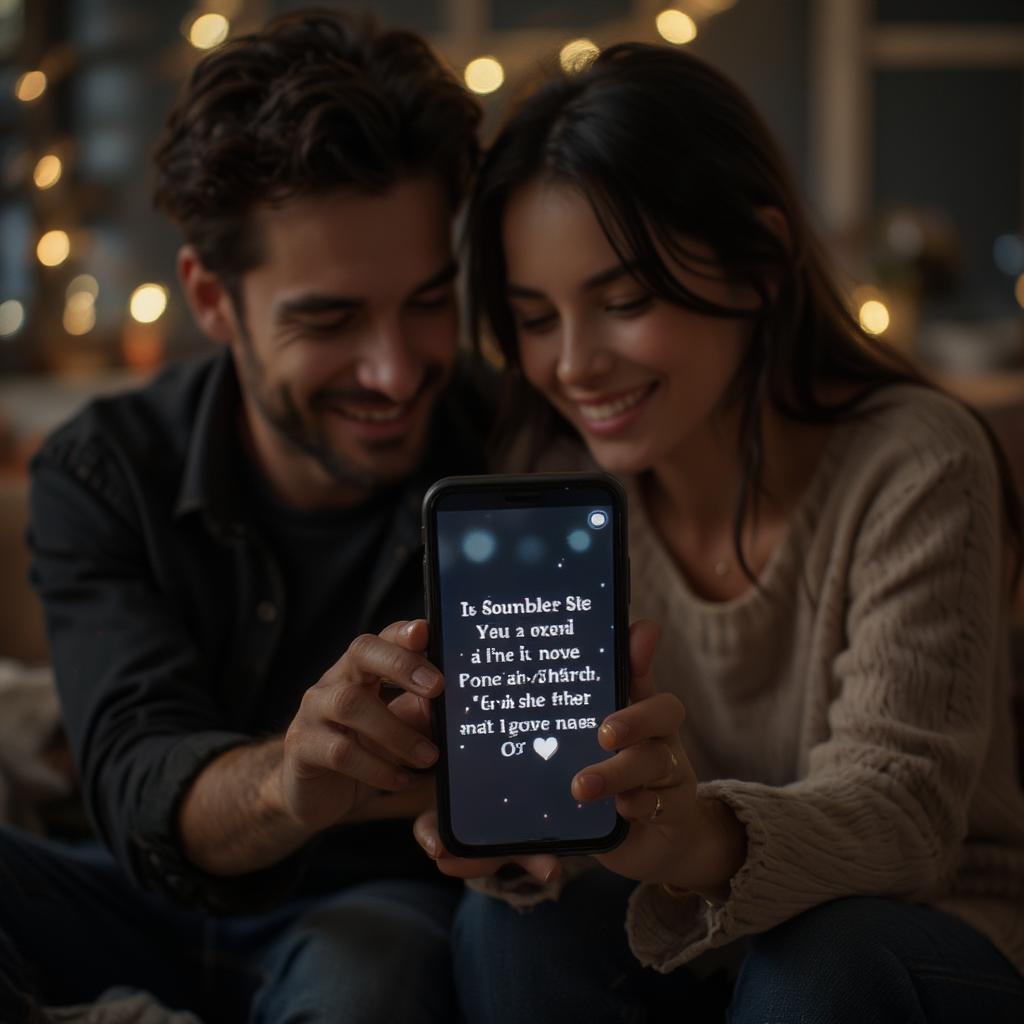 Couple Sharing Three Line Love Quotes on Phone