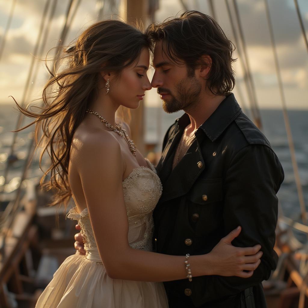 Jack and Rose embrace on the bow of the Titanic, a poignant image representing their iconic love story.