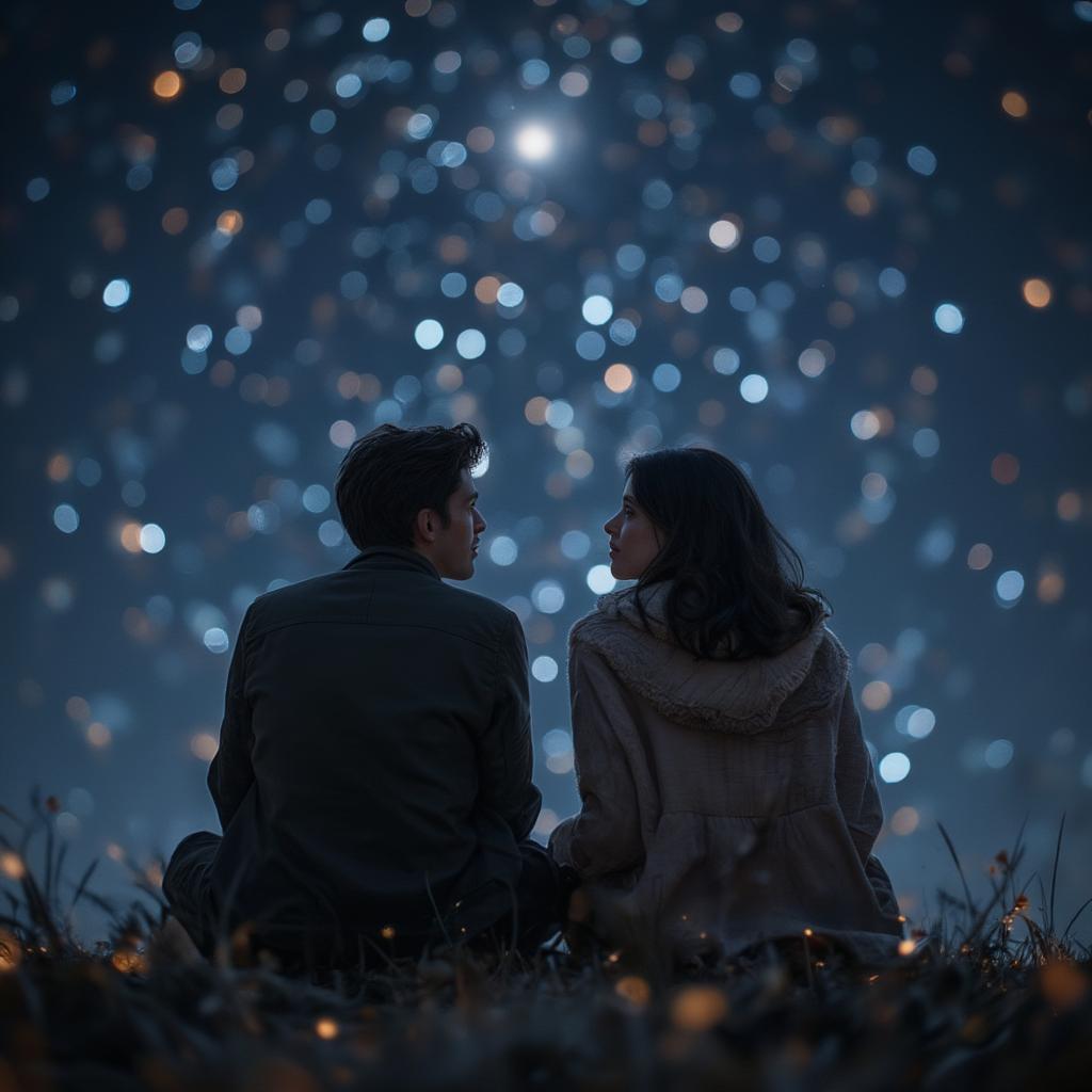 A couple gazing at the stars, dreaming of their future together, symbolizing hope, shared dreams, and the lasting power of love.