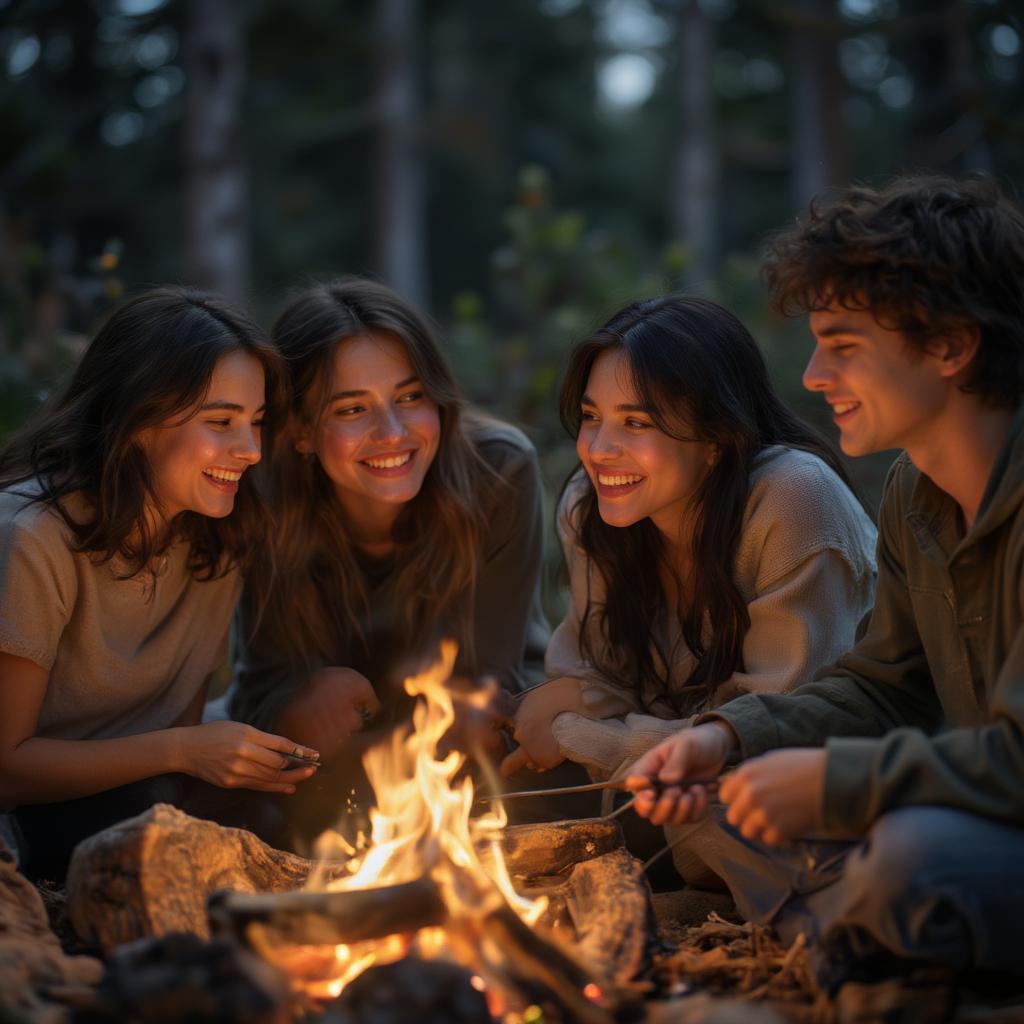 A group of friends laughing together around a campfire.