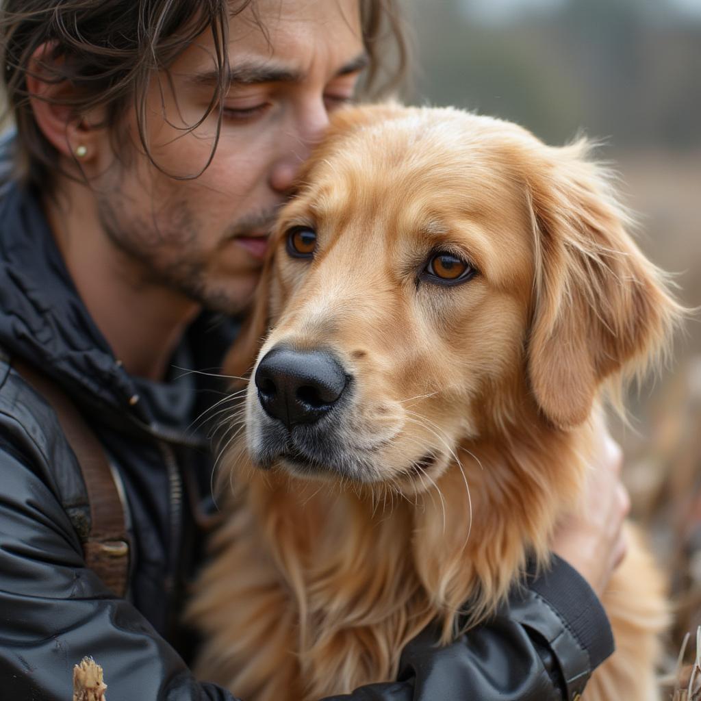 Dog showing unconditional love by hugging its owner