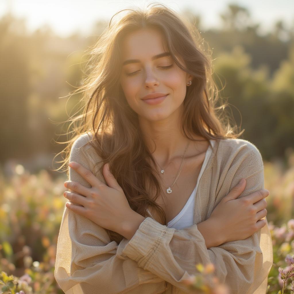 Woman hugging herself, symbolizing self-love and acceptance.