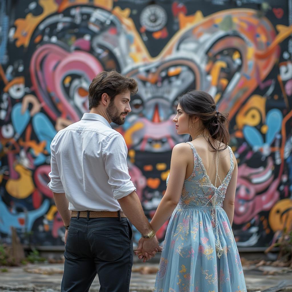 Couple standing before vibrant street art on Tubi