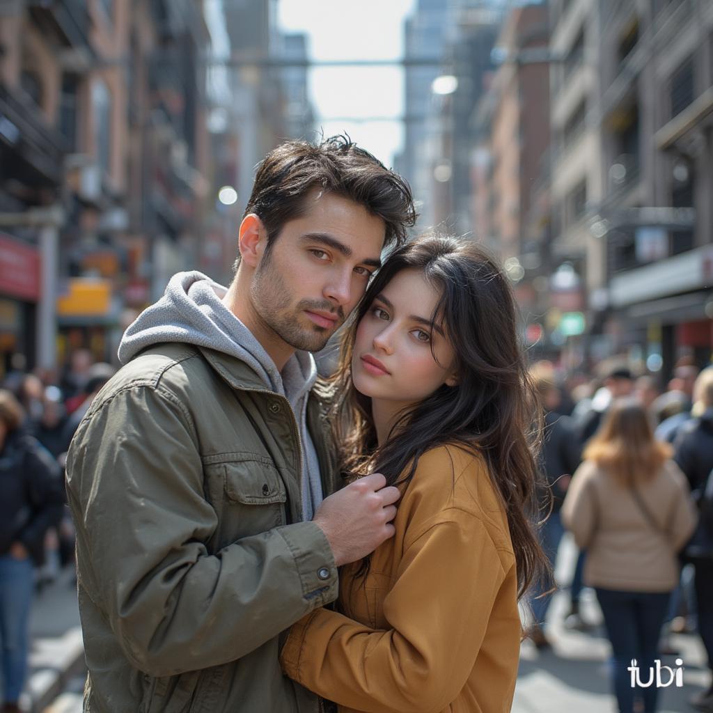 Couple embracing in a vibrant city scene on Tubi