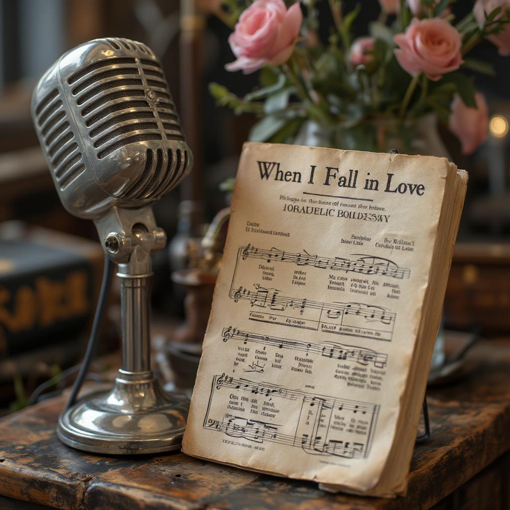 Vintage microphone with sheet music of "When I Fall in Love"