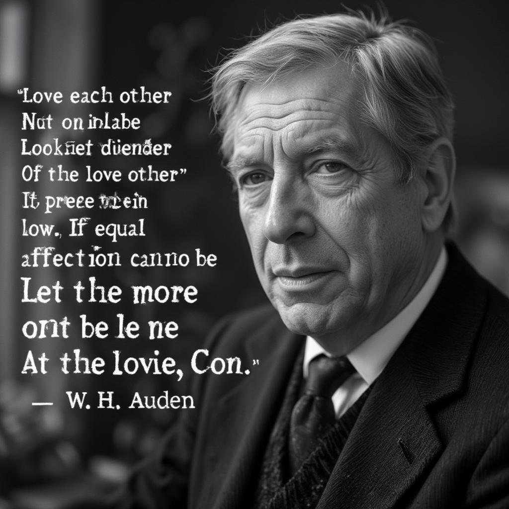 W.H. Auden portrait with a background of his famous love quotes. 