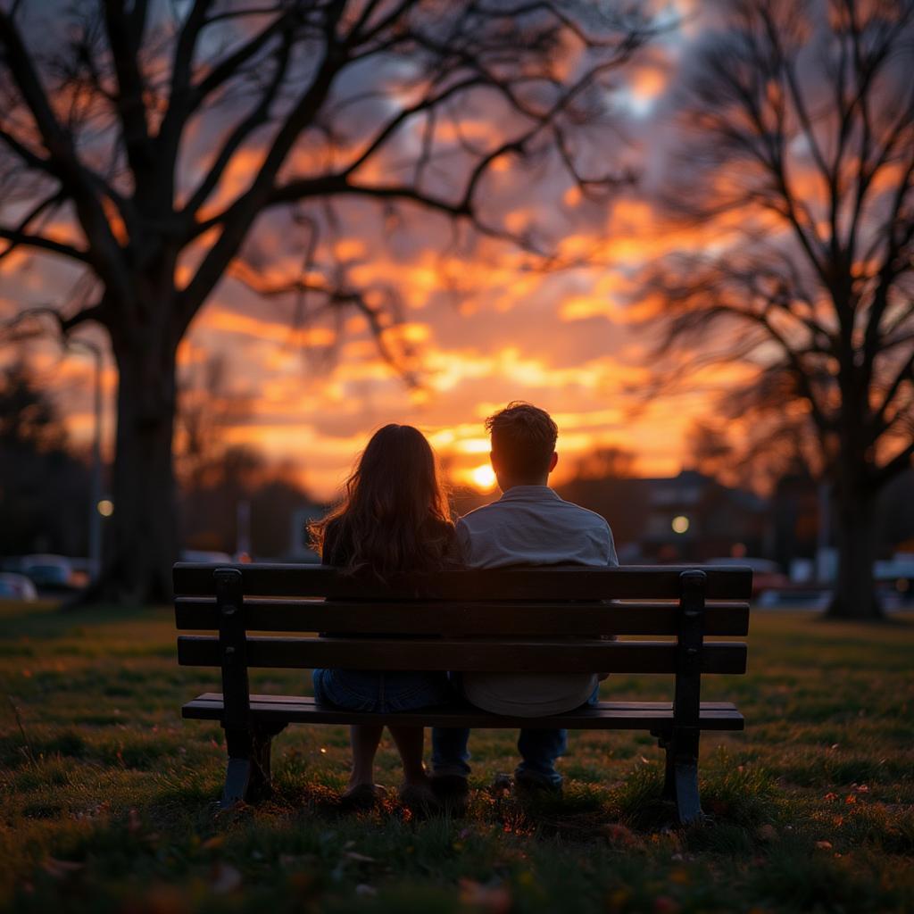 Couple Silhouetted on a Bench Waiting for Sunset