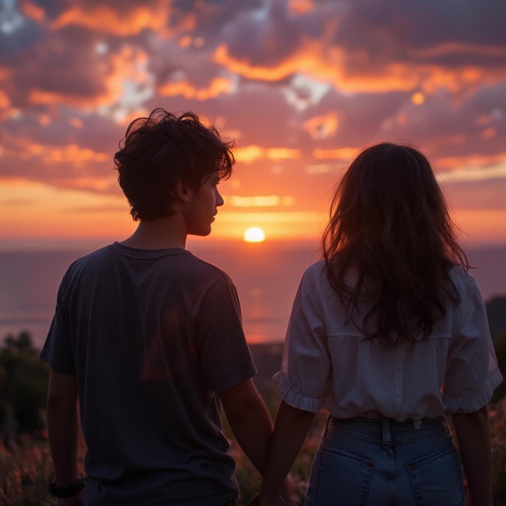 Couple Silhouetted Against Sunset Waiting for Love