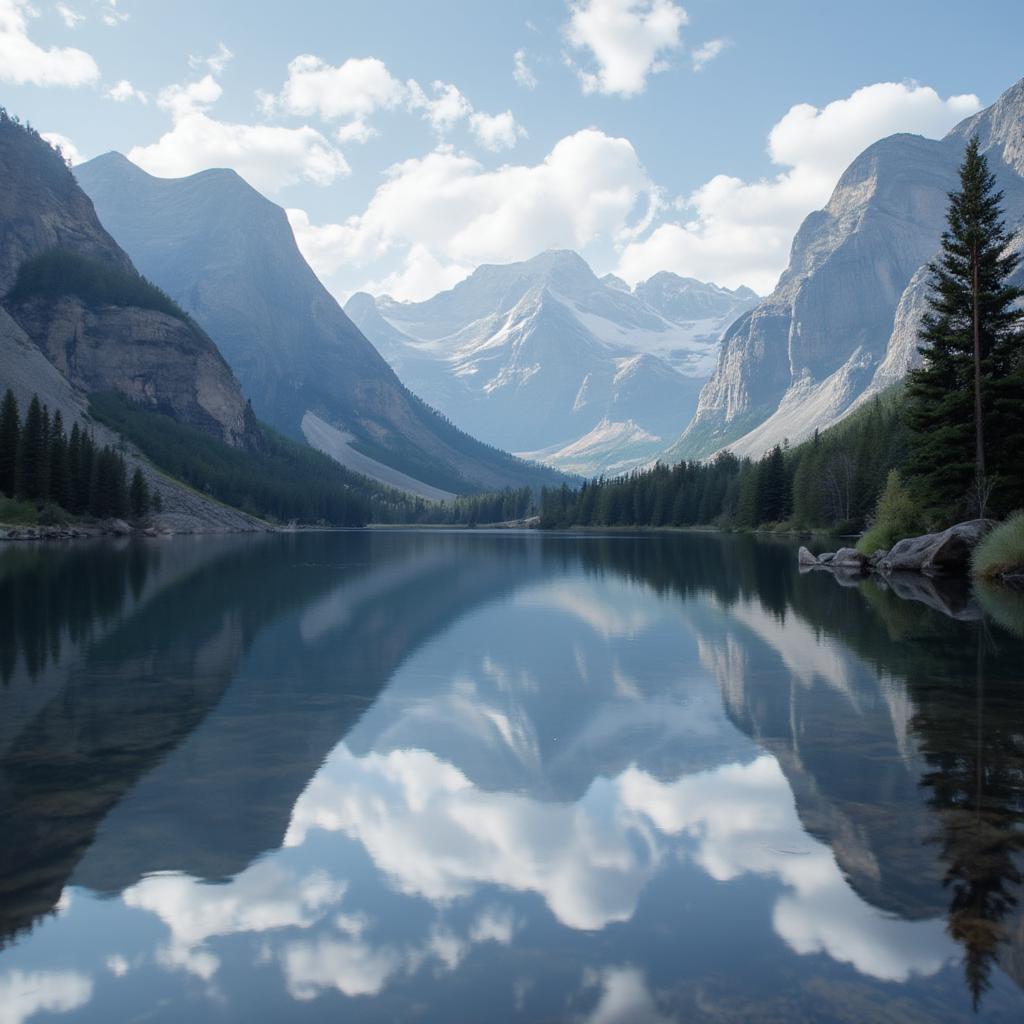 A calm lake reflecting the surrounding mountains and sky, symbolizing peace and tranquility in love.