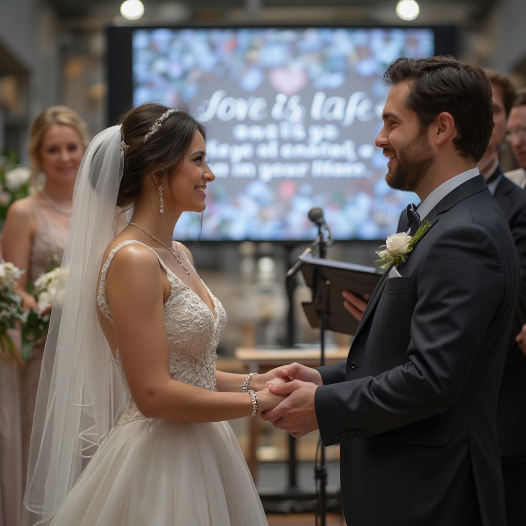 Couple exchanging vows during wedding ceremony with a heartfelt quote displayed in the background