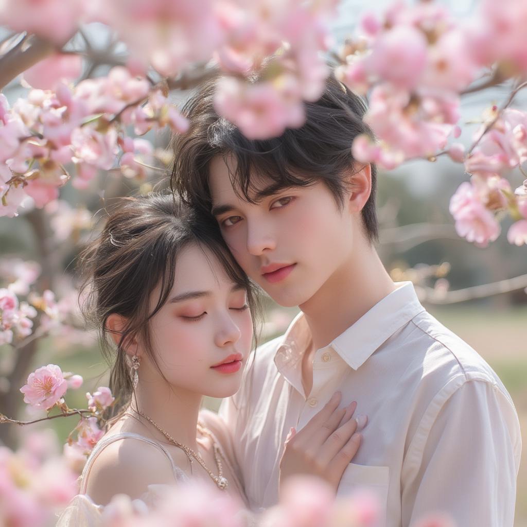 A couple embracing under a cherry blossom tree