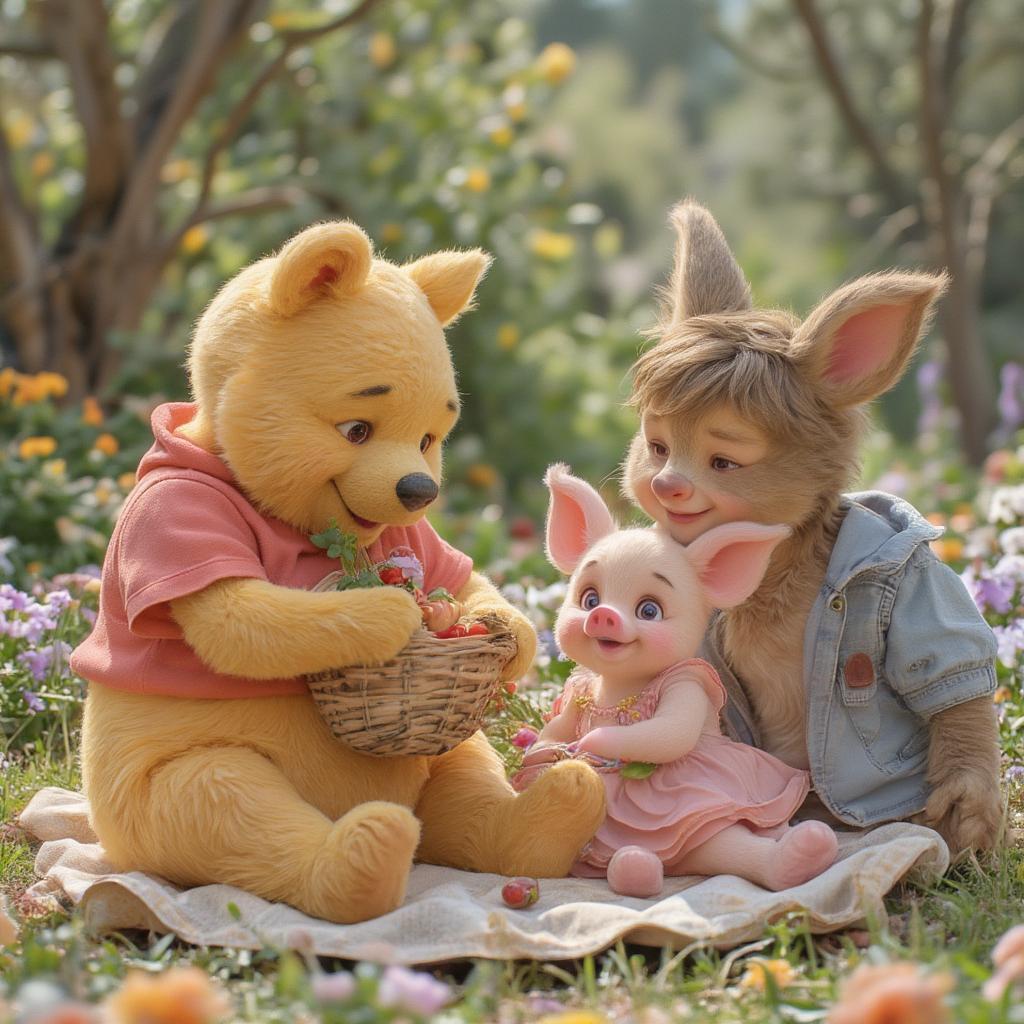 Winnie the Pooh and friends enjoying a picnic, symbolizing love and friendship.