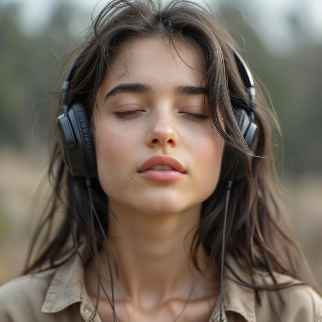 A woman lost in the music, wearing headphones and closing her eyes, clearly enjoying the moment.