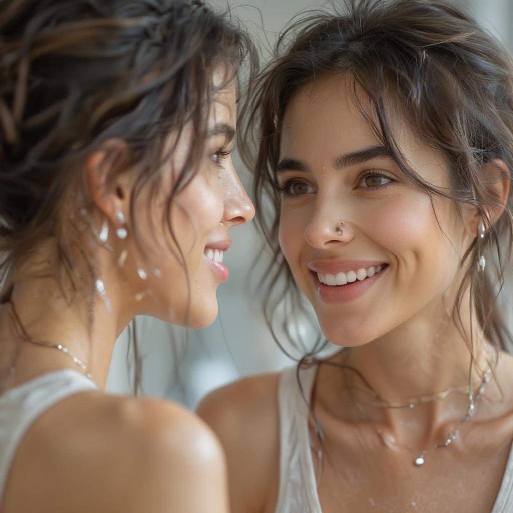 Woman looking at herself in the mirror with confidence and self-acceptance