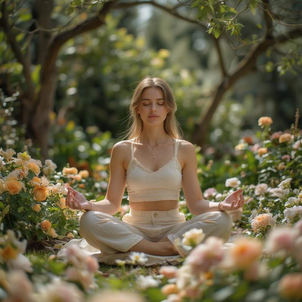 Woman meditating in a peaceful garden, representing self-reflection and inner peace.