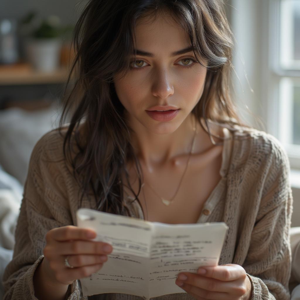 Woman Reading Love Letter: A woman sits by a window, deeply engrossed in reading a handwritten love letter.