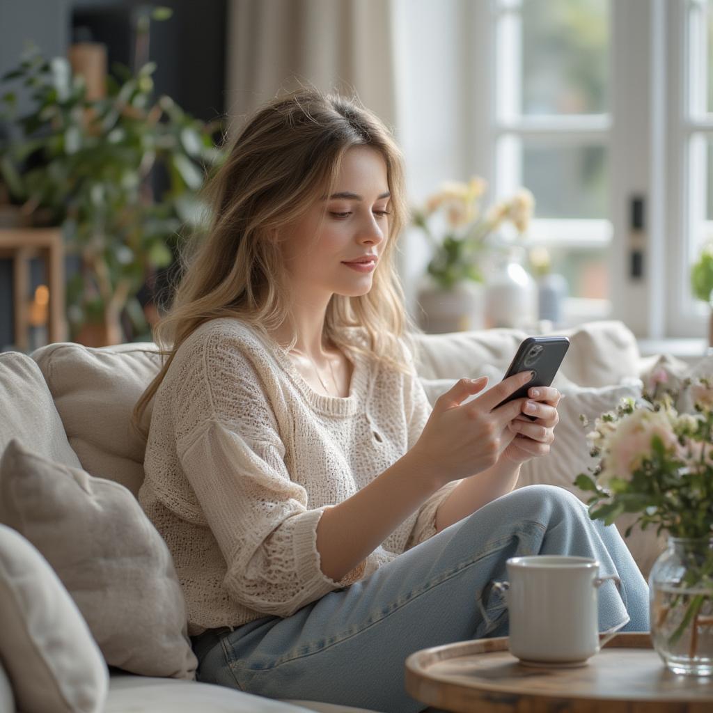 Woman reading self love quotes on her phone while relaxing at home