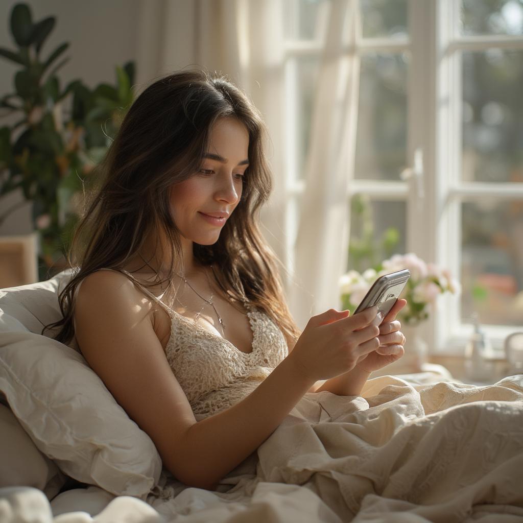 Woman Smiling at Phone in the Morning