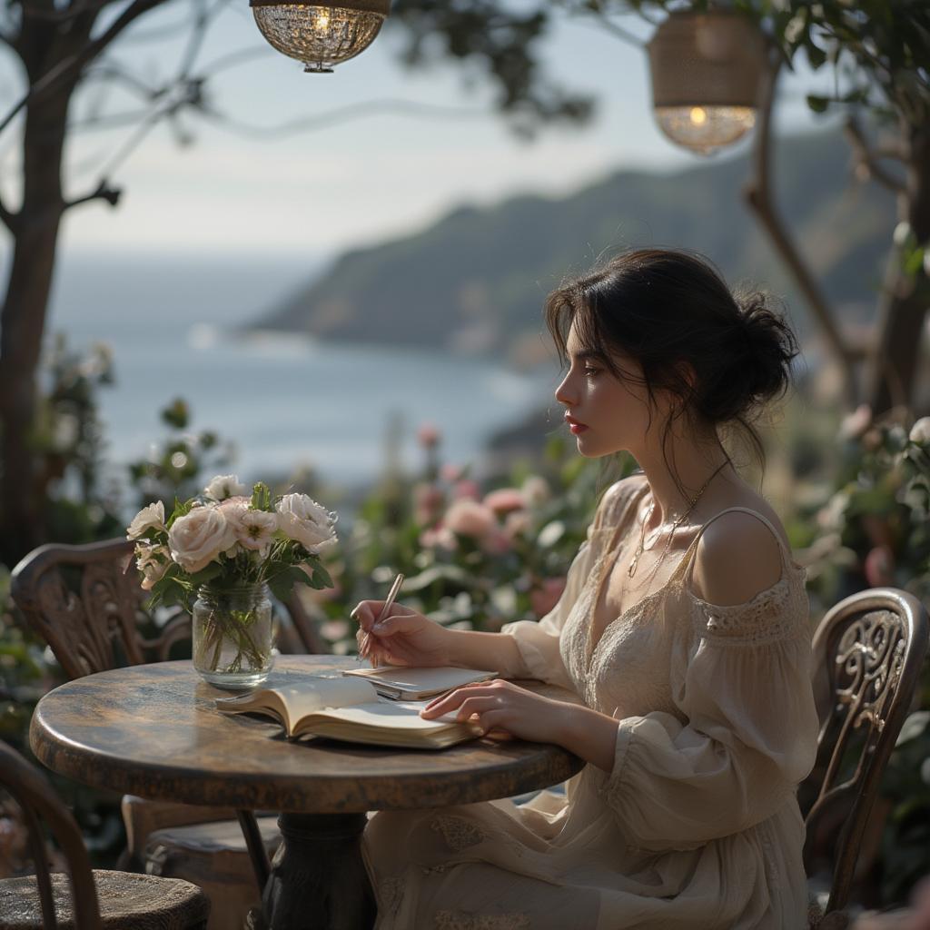 A woman writing in a journal at a seaside cafe, a pensive expression on her face, a cup of coffee beside her, the ocean visible through the window.