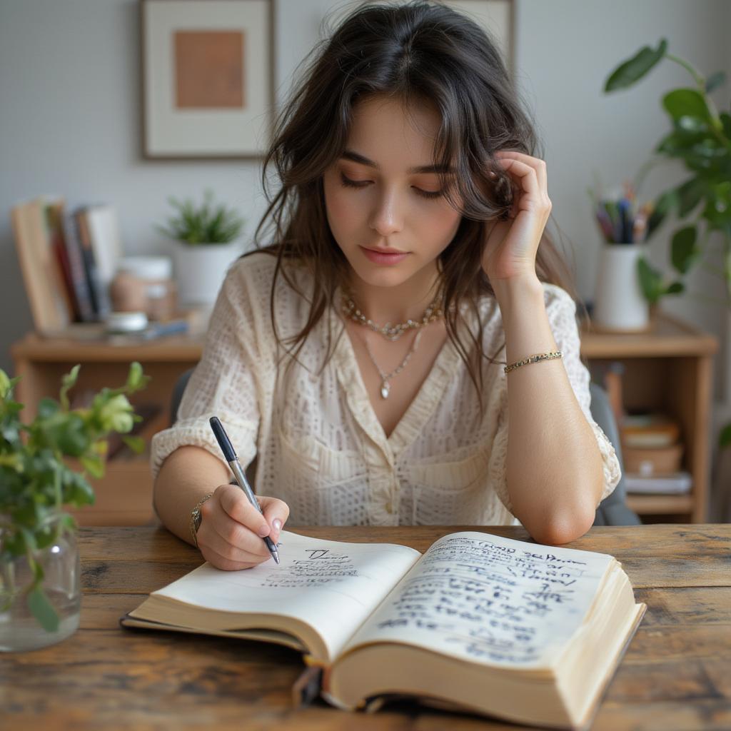 Woman writing a self-love quote in her journal