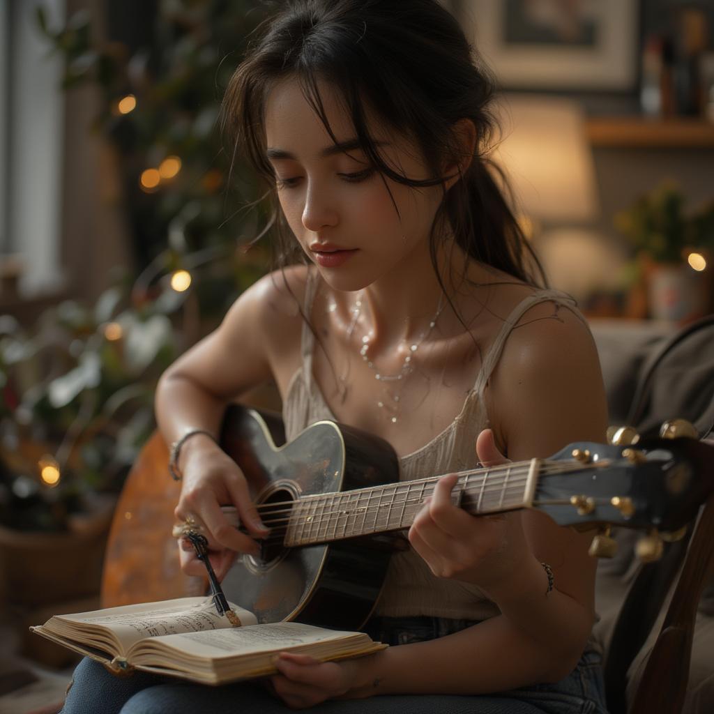 Woman Writing Song Lyrics with Guitar