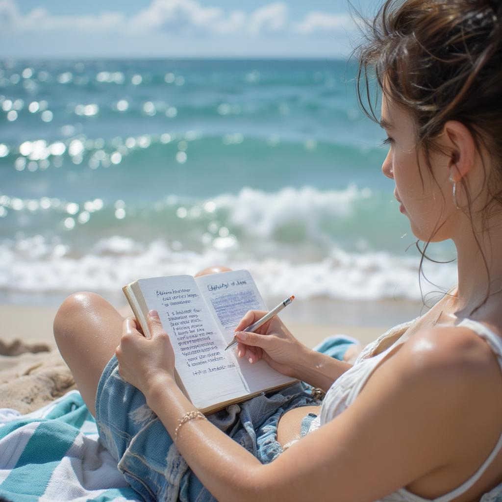 Person writing beach love quotes in a notebook on the beach, with the ocean in the background