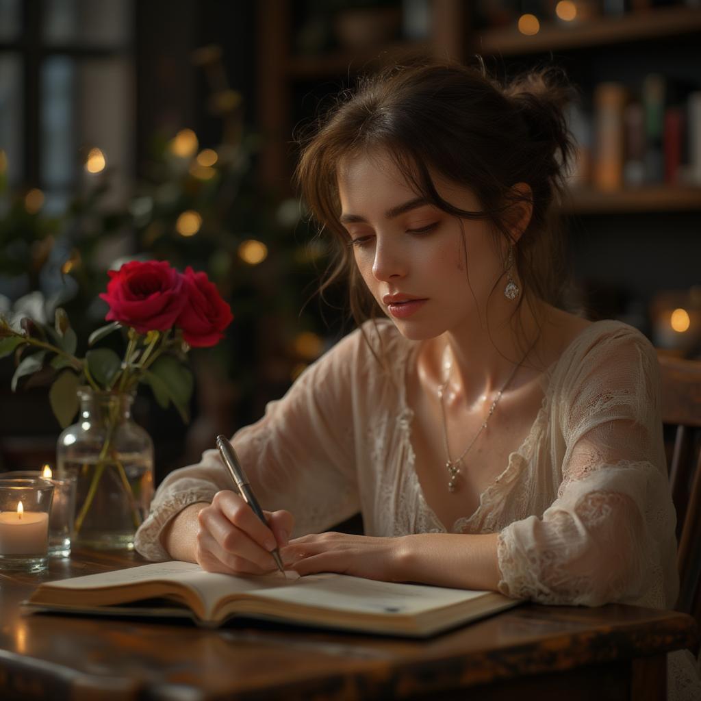 Woman writing a love letter to her girlfriend by candlelight