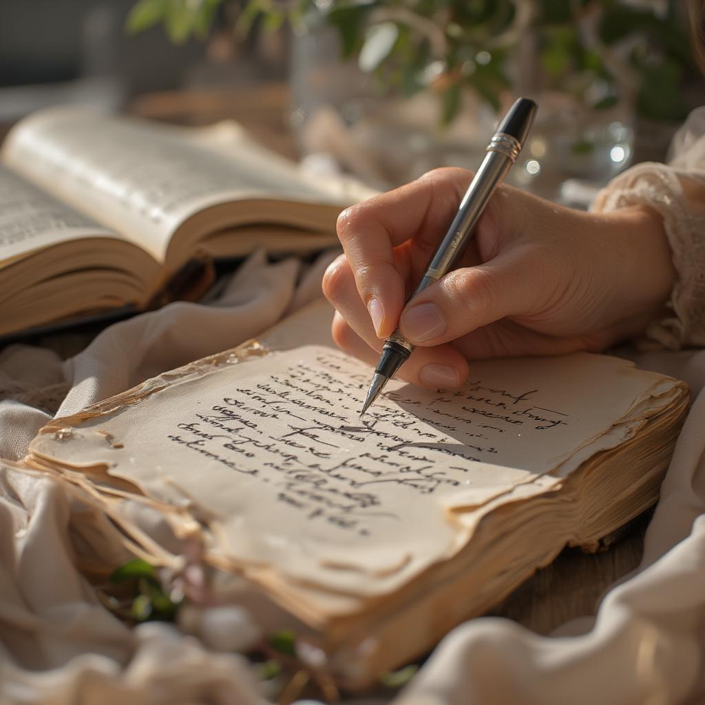 Person writing a love letter with a holding on to love quote.