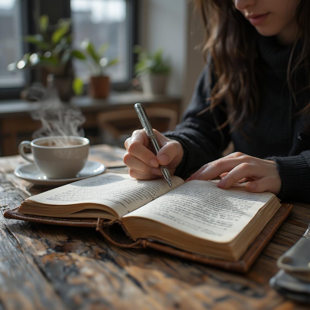 A person writing love poetry in a notebook with a pen.